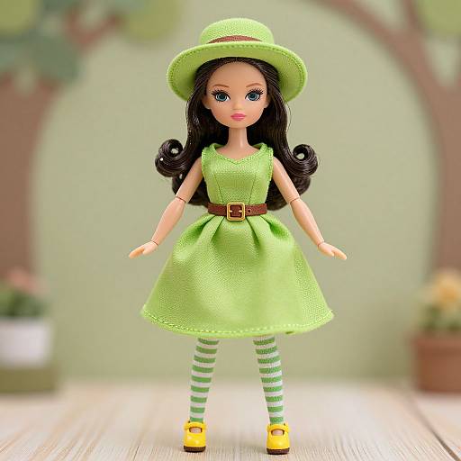 Photograph of a doll with long black hair, green dress, striped green and white leggings, yellow shoes, green hat, brown belt, standing in