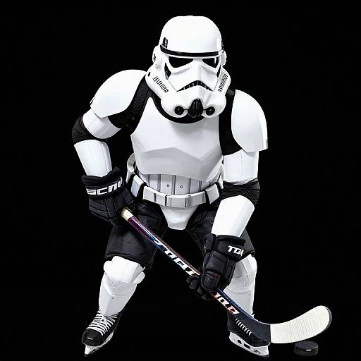 Digital artwork of a white-armored Stormtrooper holding a hockey stick, crouched and ready, against a solid black background. High-contrast