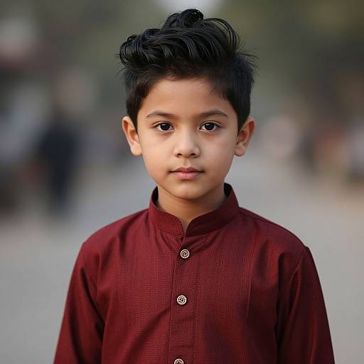 Photograph of a young South Asian boy with black, neatly styled hair, wearing a deep red button-up shirt, standing outdoors with a blurred background.