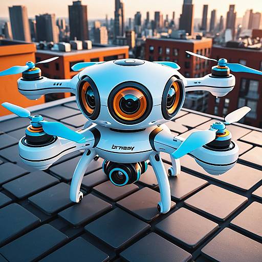 Friendly Toy Drone on Rooftop in Futuristic Cityscape