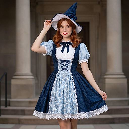 Photograph of a smiling young woman with red hair, wearing a dark blue witch costume with white lace trim, blue puffed sleeves, and a pointed