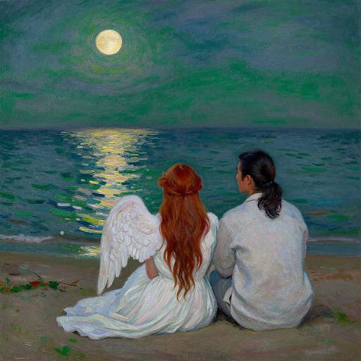 Digital painting of a red-haired angelic woman with white wings, sitting on a beach, beside a man, both facing a glowing moon over a reflective