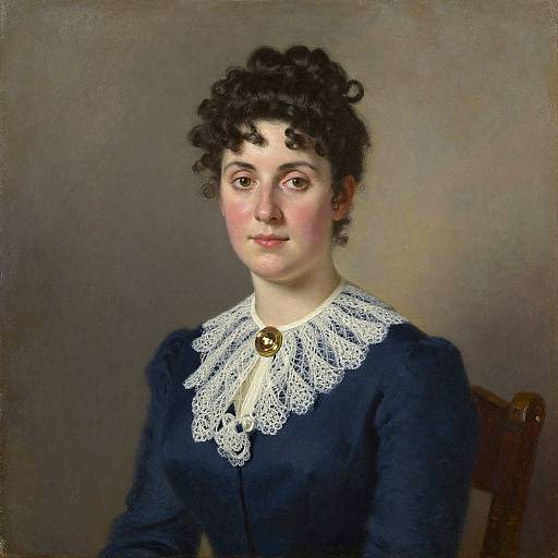 Victorian-style portrait of a fair-skinned woman with curly black hair, wearing a dark blue dress with an elaborate white lace collar.