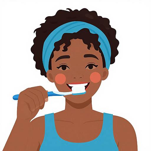 Digital illustration of a smiling, dark-skinned girl with curly black hair, wearing a blue headband and tank top, brushing teeth with a blue tooth