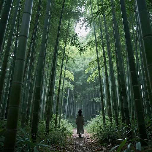 Digital artwork of a lone figure in a long robe walking through a dense, tall bamboo forest with bright green foliage.