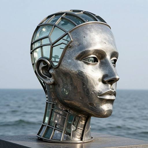 Photograph of a metallic, glass-paneled head sculpture with a futuristic design, set against a calm ocean background.