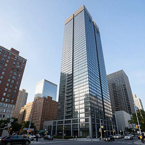 Photograph of a towering, modern glass skyscraper with reflective blue windows, flanked by older, red-brick buildings in an urban cityscape.