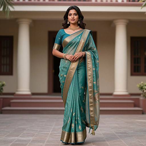 Photograph of a confident Indian woman in a teal traditional saree with gold borders, standing in front of a colonial-style building.
