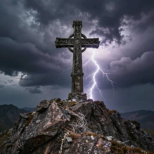 Elder Cross on Stormy Mountain Peak