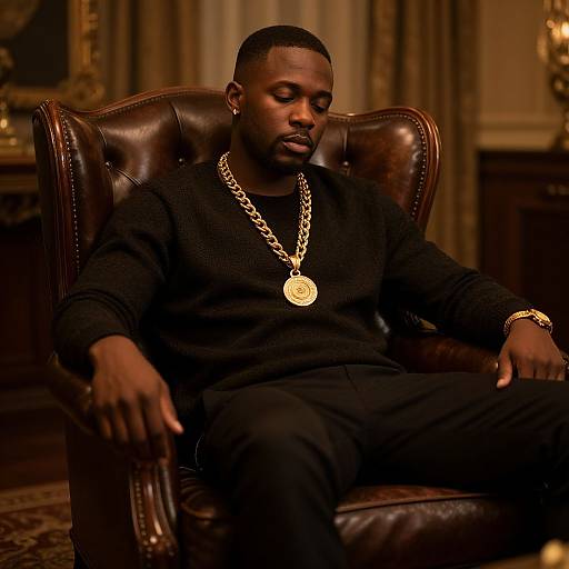 Photograph of a Black man with short hair, wearing a black sweater, gold chain with medallion, and bracelet, seated in a dark brown