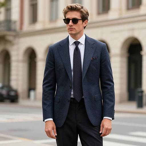 Photograph of a handsome man in a dark navy suit, white shirt, black tie, and black sunglasses, standing confidently on a city street with ar