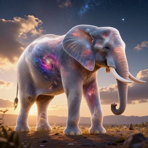 Photorealistic CGI of a glowing, starry-skinned elephant standing in a sunset-lit savanna, with vibrant sky and scattered clouds.