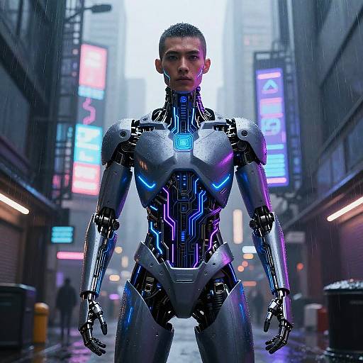 CGI image of a futuristic, cybernetic man with glowing blue and purple circuitry, standing in a rainy, neon-lit city street.