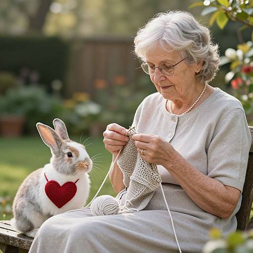 Elderly woman with grey hair and glasses, wearing a beige dress and pearl necklace, knitting while a bunny with a red heart-shaped sweater sits beside