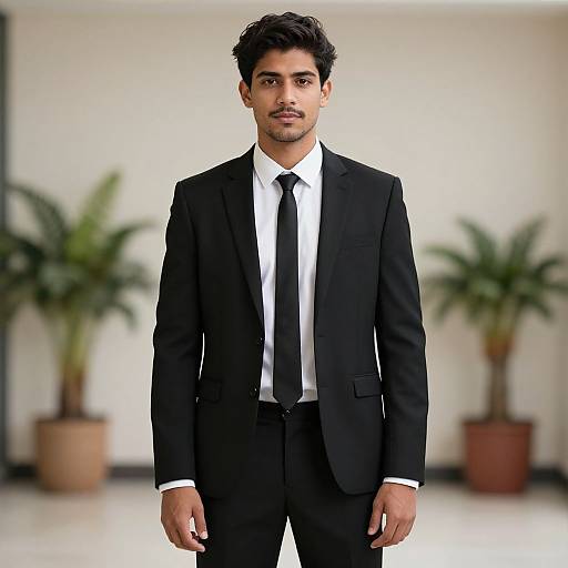 Photograph of a young, handsome man with dark hair and stubble, wearing a black suit, white shirt, and black tie, standing in a
