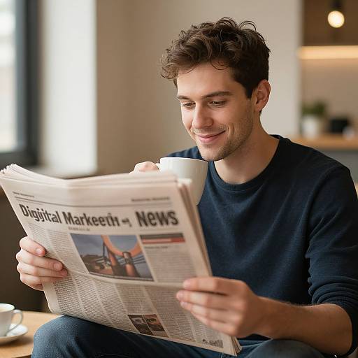 Photograph of a smiling, young white man with curly brown hair, wearing a black sweater, reading a newspaper in a bright, modern kitchen.