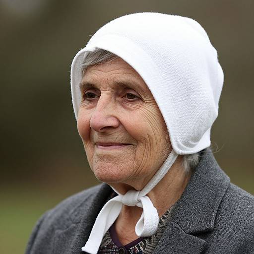Close-up photograph of an elderly woman with wrinkled skin, wearing a white headscarf and dark coat, smiling softly against a blurred, greenish