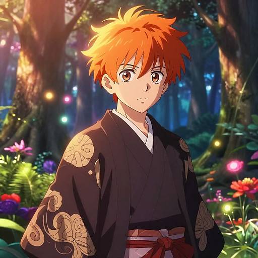 Anime-style digital drawing of a young boy with bright orange spiky hair, wearing a black kimono with gold patterns, standing in a magical forest with