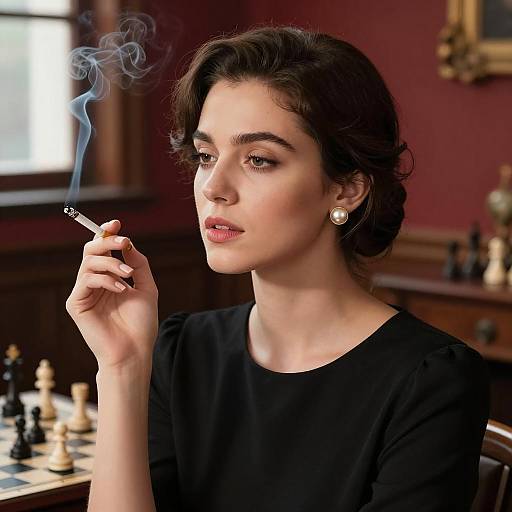 Elegant Woman Smoking with Chessboard
