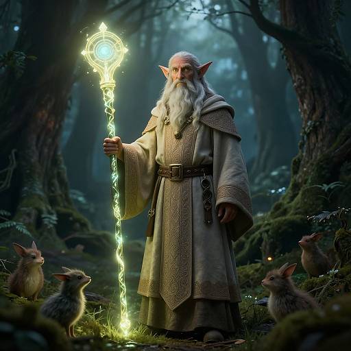 Photorealistic CGI of an elderly, white-bearded wizard with pointed ears, holding a glowing staff, surrounded by small, attentive rabbits in a dark