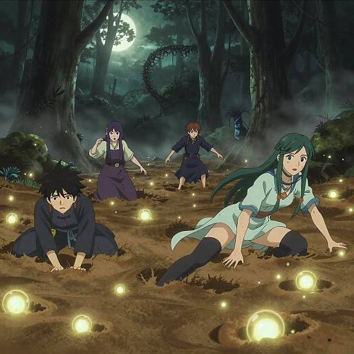 Anime-style illustration of four warriors with dark hair, in ninja attire, crouching in a moonlit forest surrounded by glowing lanterns.
