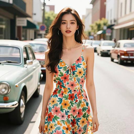 Young Woman in Floral Dress on Urban Street