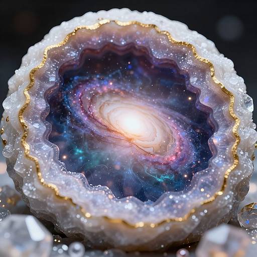 Photograph of a glowing, crystal-like sphere with a swirling galaxy interior, surrounded by sparkling, jagged, white edges with gold accents.