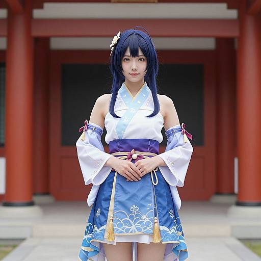 Photograph of an Asian woman in a blue and white Japanese-inspired cosplay outfit with floral embroidery, standing in front of a red Shinto shrine. She