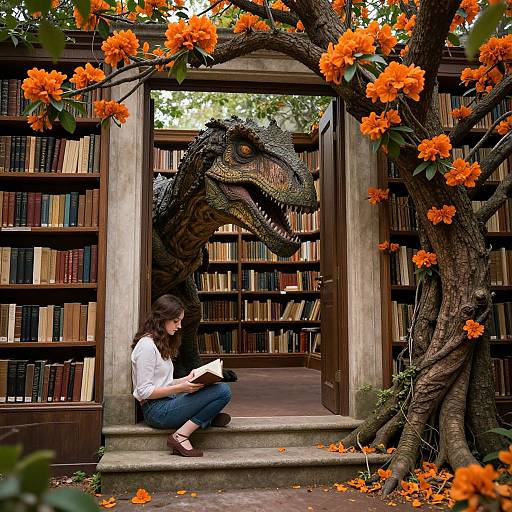 Photograph of a woman with brown hair reading on library steps, framed by a dinosaur head peeking from behind an orange-flowered tree, surrounded by