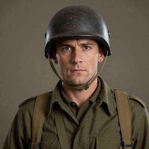 Photograph of a serious, light-skinned man in WWII-era military uniform, black helmet, and olive green shirt, against a gray background.