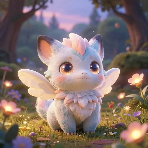 Whimsical CGI image of a cute, fluffy, white-furred creature with pink and blue accents, large shiny eyes, and small wings, standing