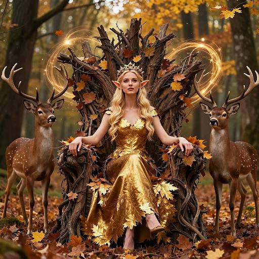 Photorealistic fantasy image: Elven woman with golden dress and crown, seated on enchanted tree throne, surrounded by two deer, autumn forest background with