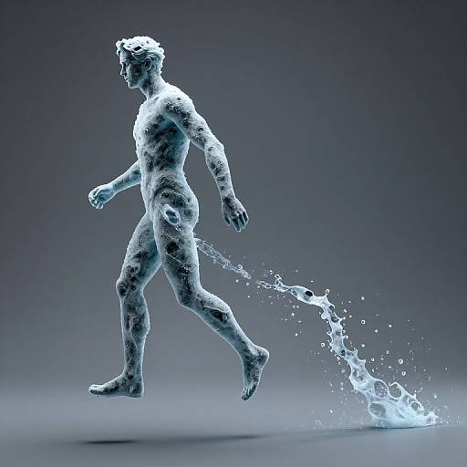 Digital CGI image of a blue, white-outlined, muscular male figure running with water trailing behind, set against a gradient blue background.