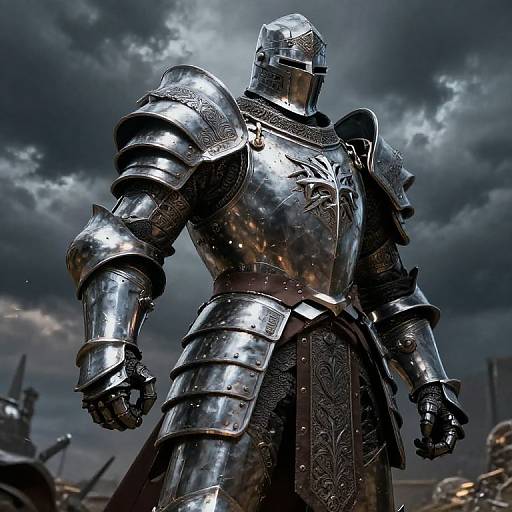 Photorealistic image of a knight in shiny, ornate silver armor with intricate patterns, standing under a dramatic, cloudy sky.