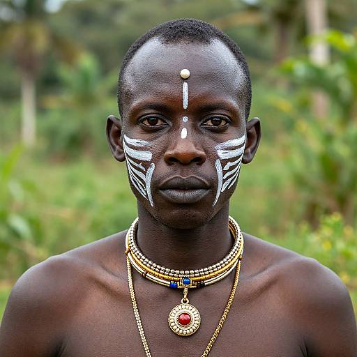 Photograph of a topless African man with dark skin, white facial paint, gold and blue jewelry, standing in a green forest.