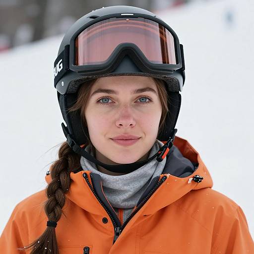 Woman in Orange Ski Jacket with Helmet