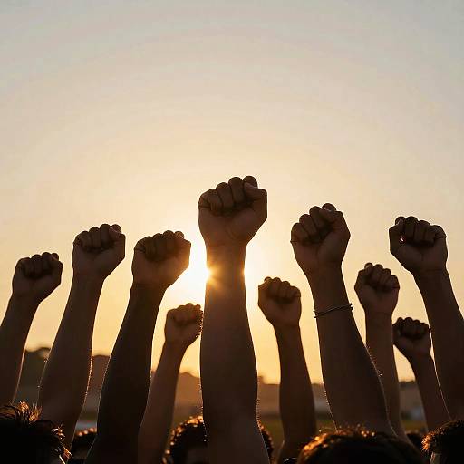 Photograph of silhouetted hands raised in solidarity against a bright sunset, with sunlight peeking through fingers and a clear sky.