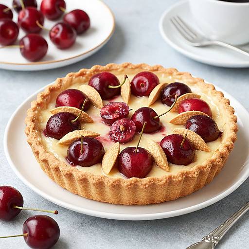 Photograph of a cherry pie with glossy red cherries and almond slices on a white plate, surrounded by additional cherries and a fork.