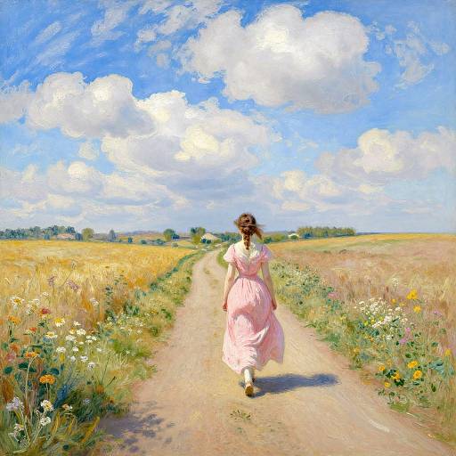 Digital painting: Woman in pink dress walks along sunny, flower-lined dirt path, vast blue sky with white clouds, fields stretching ahead.