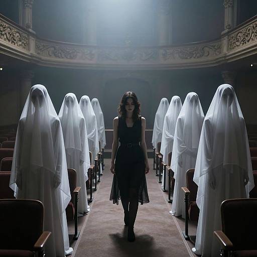 Photograph of a dark-haired woman in a black dress walking down a dimly lit theater aisle flanked by ghostly white figures draped in translucent sheets