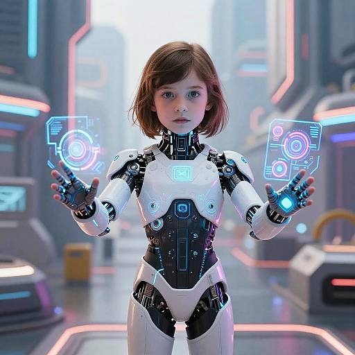 CGI image of a young girl with short brown hair in a futuristic, white and black robotic suit, holding holographic control interfaces in a neon-l