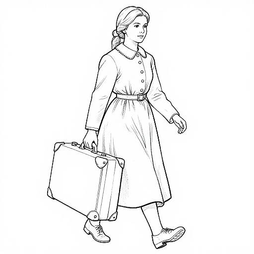 Black-and-white line drawing of a woman with braided hair, wearing a belted long coat, carrying a suitcase, walking.