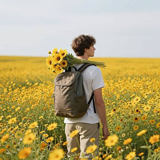Photograph of a young man with curly brown hair, white shirt, beige pants, gray backpack, holding sunflowers in a vast yellow field.