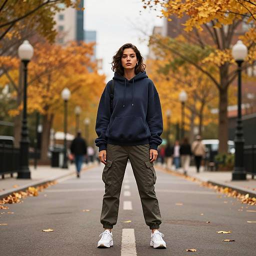 Confident woman standing in autumn city park