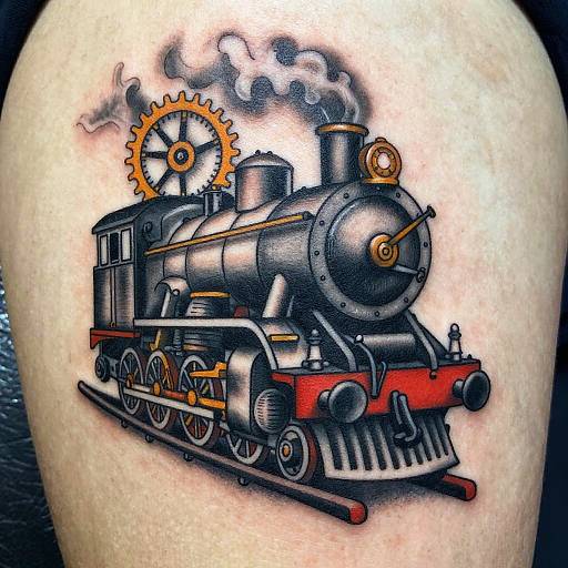 Colorful tattoo of a vintage steam locomotive with black, silver, and red accents, and a large orange gear emitting black smoke, on light skin