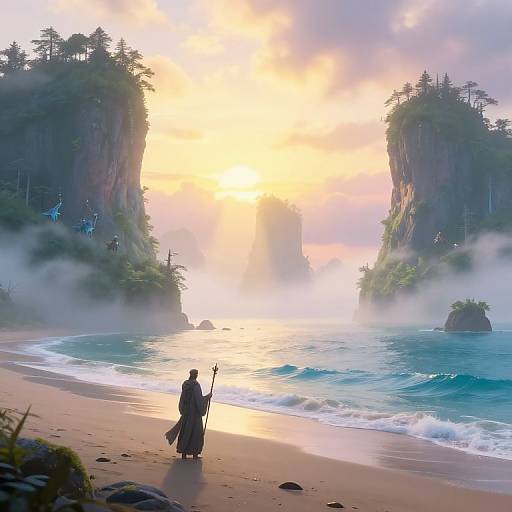 Photograph-like digital art: Silhouetted figure in hooded robe with staff stands on misty beach at sunrise, flanked by towering,