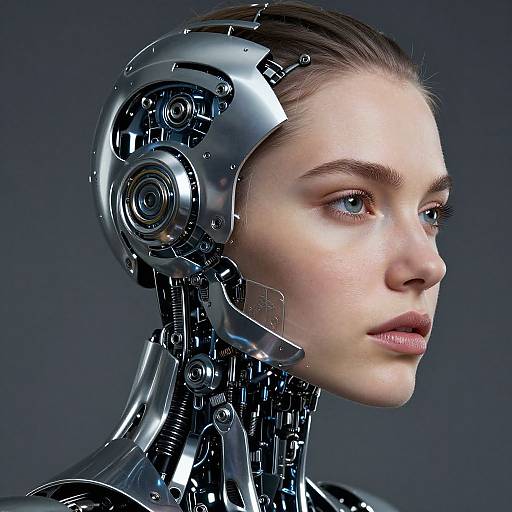 Photorealistic CGI of a young woman with robotic cybernetic head and neck, featuring metallic gears and circuits, against a dark gray background.