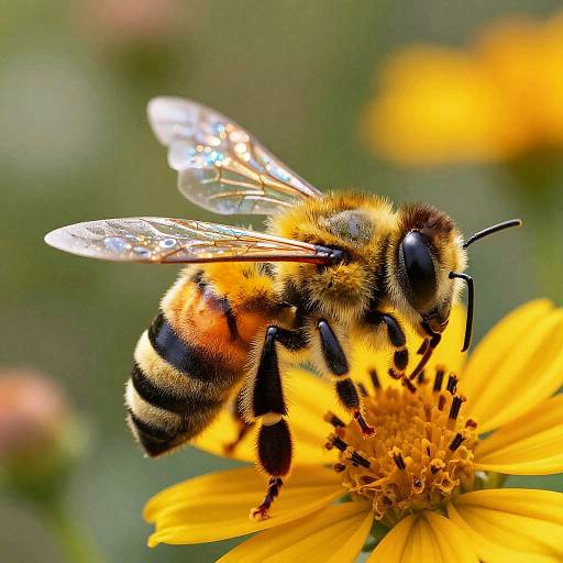 Close-up photograph of a fuzzy, black-and-yellow striped bumblebee with translucent wings, collecting nectar from a bright yellow daisy flower. Bl