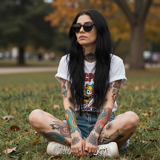 Tattooed Woman Relaxing in Autumn Park