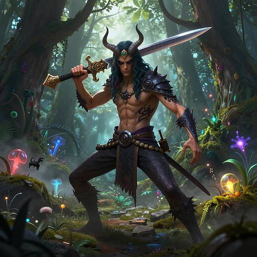 Digital fantasy artwork of a muscular, horned demon warrior with a sword, black fur armor, and tattoos, standing in a glowing, enchanted forest with